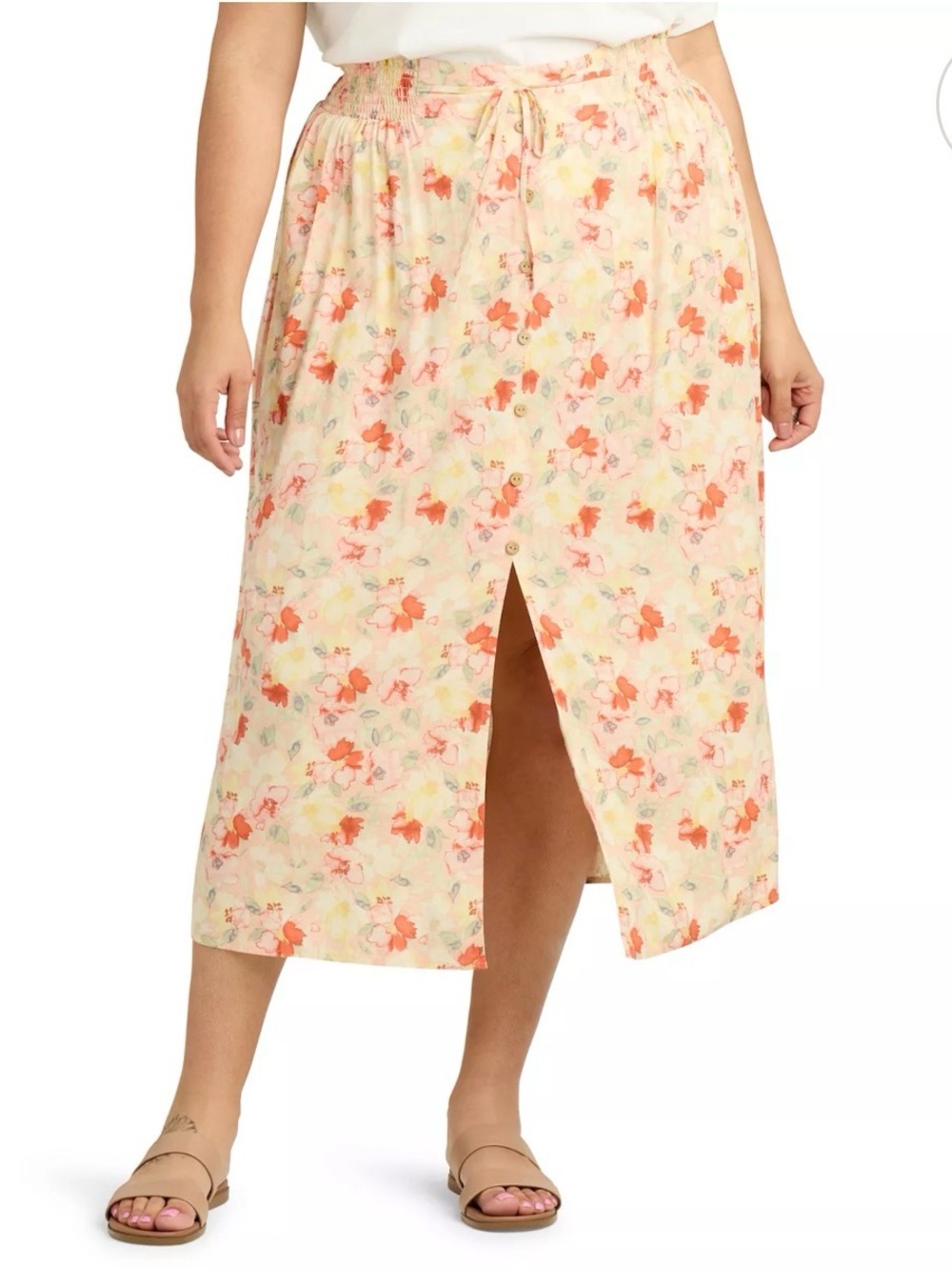 AB Studio Peach & Coral Floral Tie-Waist Midi skirt